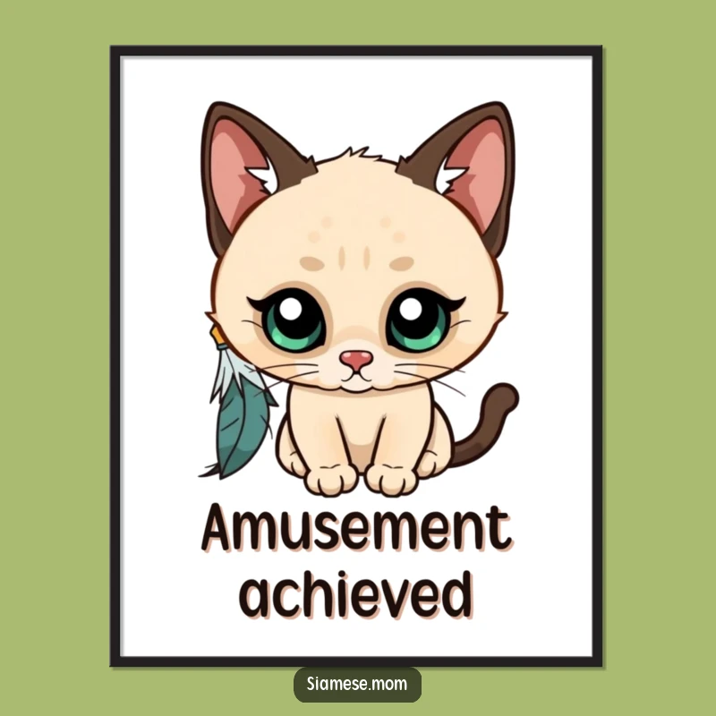 Funny Kawaii Siamese Cat Poster: Curious Feather Chase Art, Whimsical Gift!