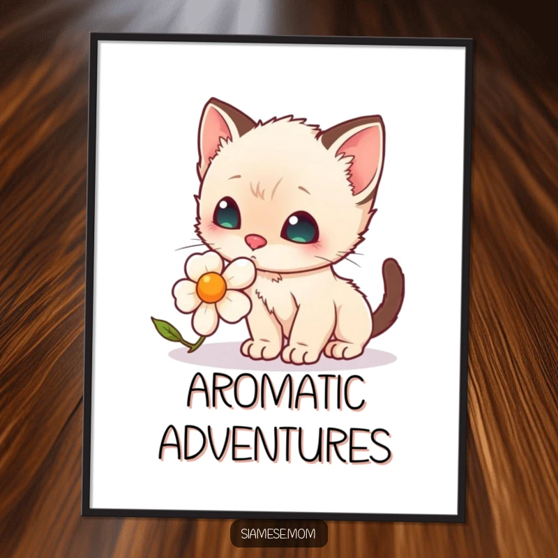 Funny Poster: A detailed illustration of a kawaii Siamese kitten with closed eyes, deeply sniffing a purple lavender flower.