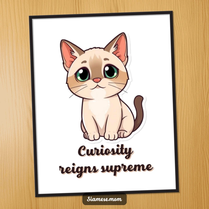 Funny poster showcasing a kawaii Siamese cat with a slight, questioning tilt of its head, exuding gentle curiosity.