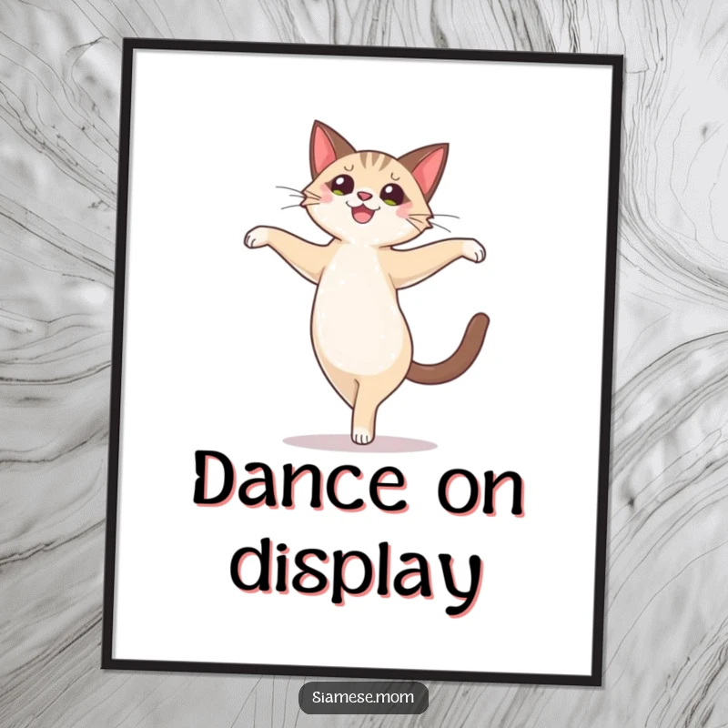 Funny cute Siamese cat character doing a joyful, ballet-like pirouette, presented as charming wall art.