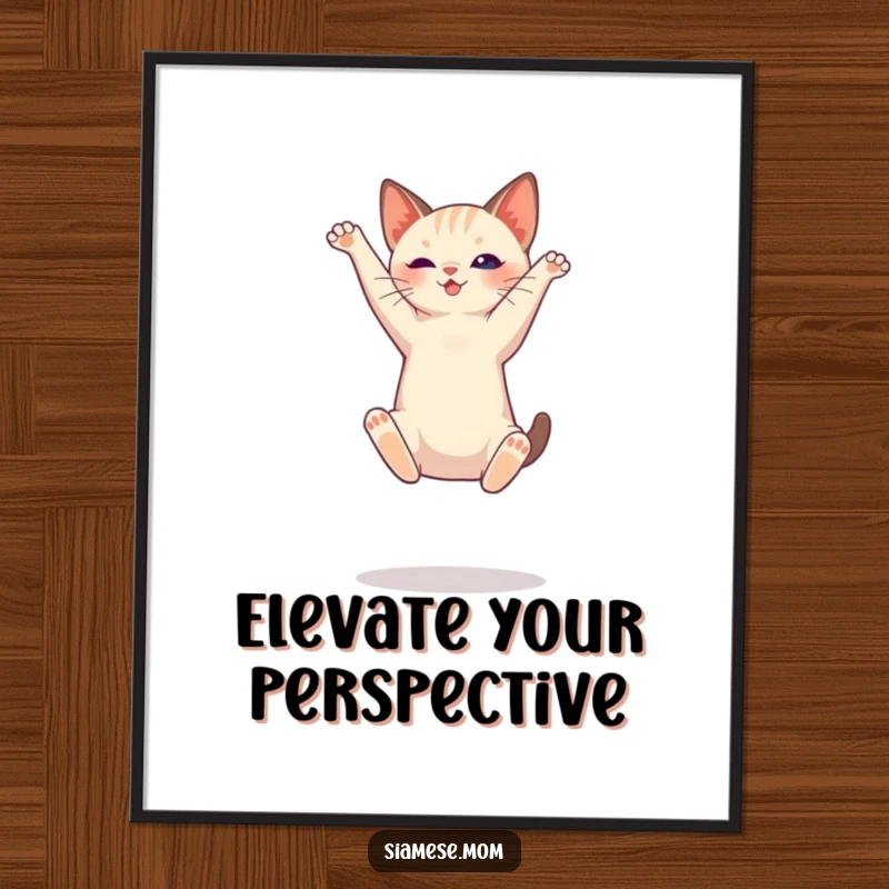 Funny Siamese cat poster, capturing a moment of incredible agility during a high jump, ideal wall art.