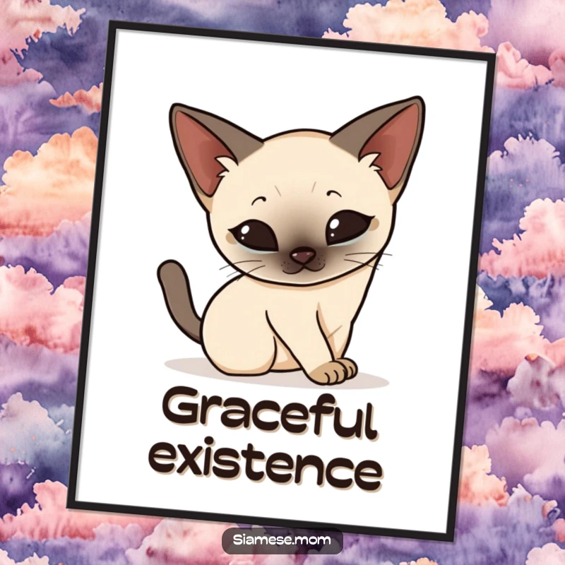 Funny Kawaii Siamese cat poster, elegantly stretching and arching its back with grace, a humorous and artistic feline portrayal.