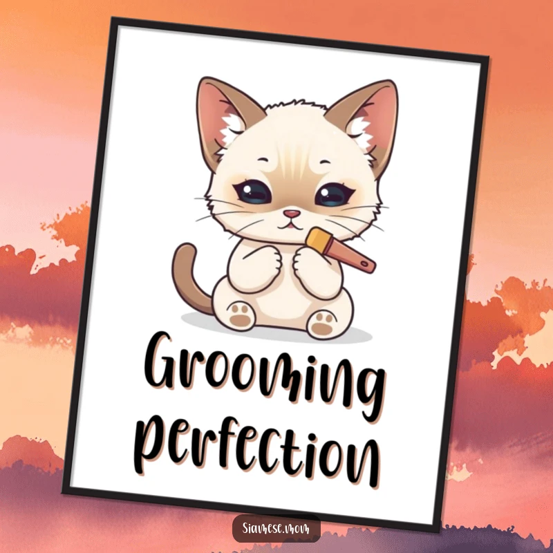Funny Kawaii Siamese cat poster showcasing a cat meticulously grooming its fur with a tiny brush, emphasizing tidiness.
