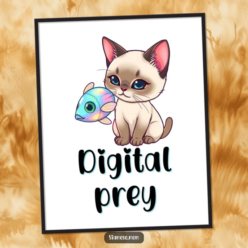 Funny Siamese Cat Poster, elegant cat batting at a holographic fish, enchanting and funny wall art.