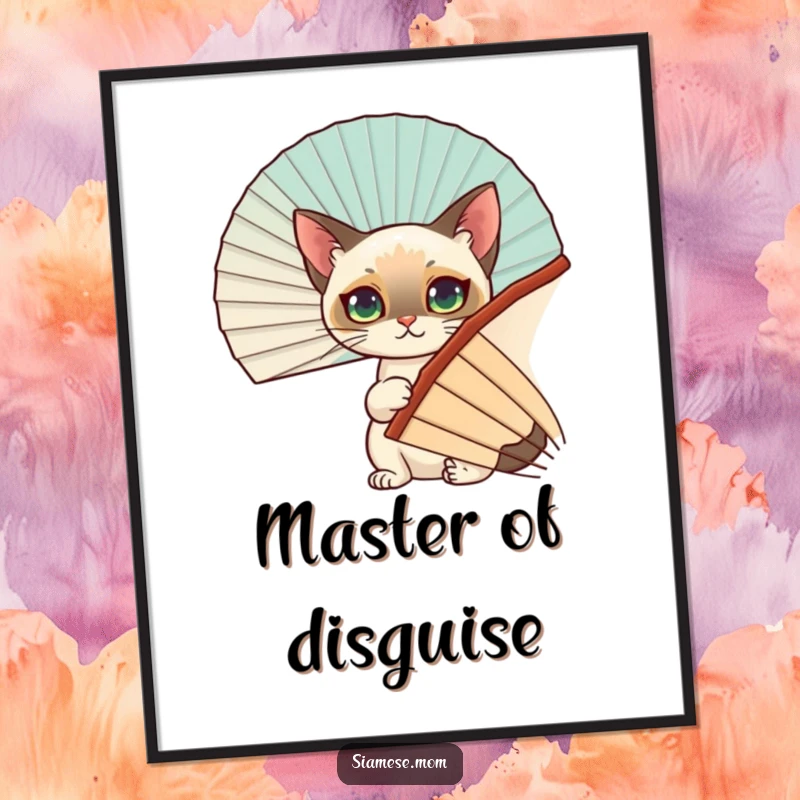 Funny Siamese Cat Poster: A charming Siamese cat plays peek-a-boo behind a large, ornate fan, adding humor to any wall.