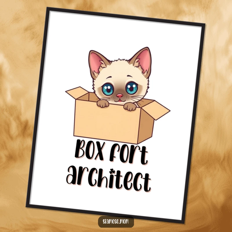 Funny Siamese Cat Poster: Adorable kawaii cat peeking out of a cardboard box, eyes full of wonder, bringing humor to wall decor.