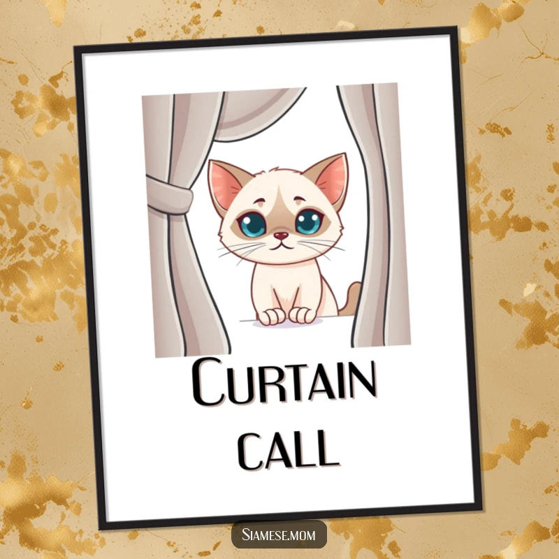 Funny Siamese Cat Poster: Adorable kawaii cat with a sly smirk, peeking from behind a curtain, adding a humorous touch to wall art.