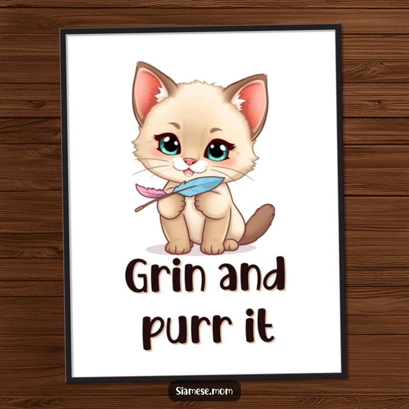 Funny Siamese Kitten Poster featuring a kawaii cat with a mischievous grin holding a feather, adding playful art to any room.