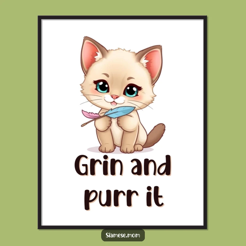 Funny Siamese Kitten Art Print - Kawaii Mischief Feather Decor, Gift Idea!