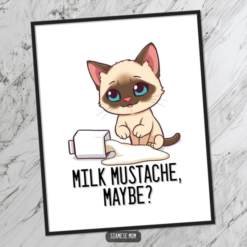 Funny Siamese cat poster, looking smugly at a spilled milk carton, perfect for humorous wall decor, a wonderful funny gift.