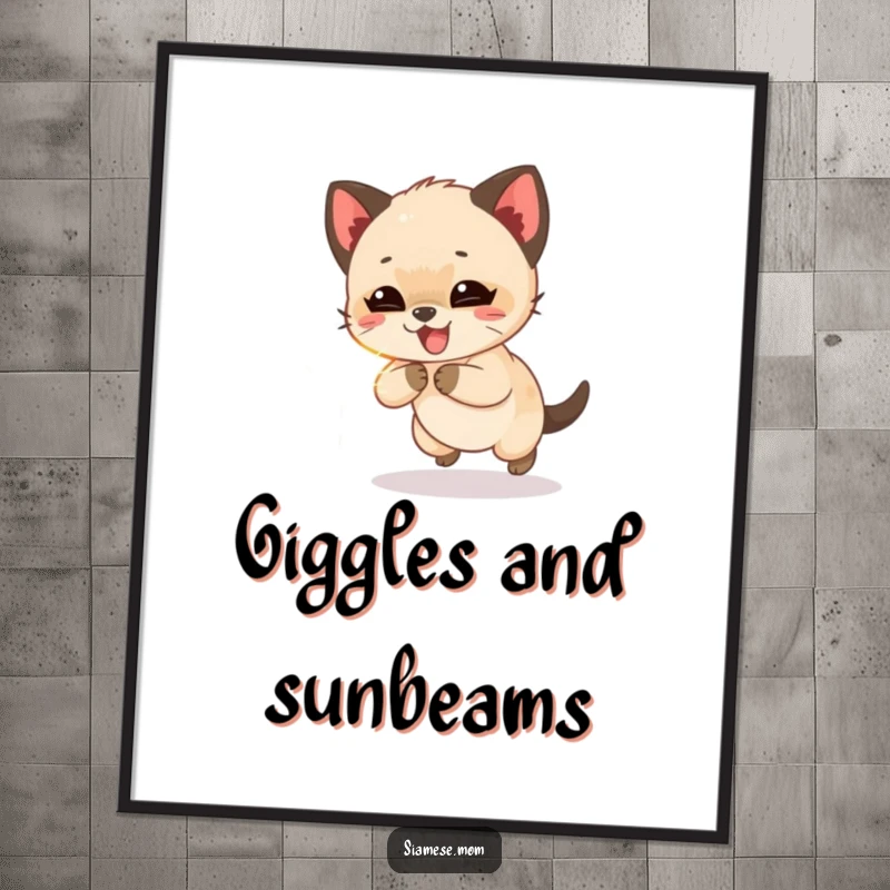 Funny Siamese cub giggling and chasing a shimmering beam of light, a joyful and humorous digital art print.