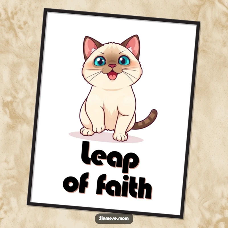 Funny Kawaii Siamese Cat Poster Playful Pounce Ready to Spring, Humorous Dynamic Decor