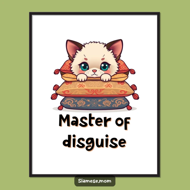 Funny Siamese Cub Poster: Adorable Kitten Hiding Behind Cushions Art