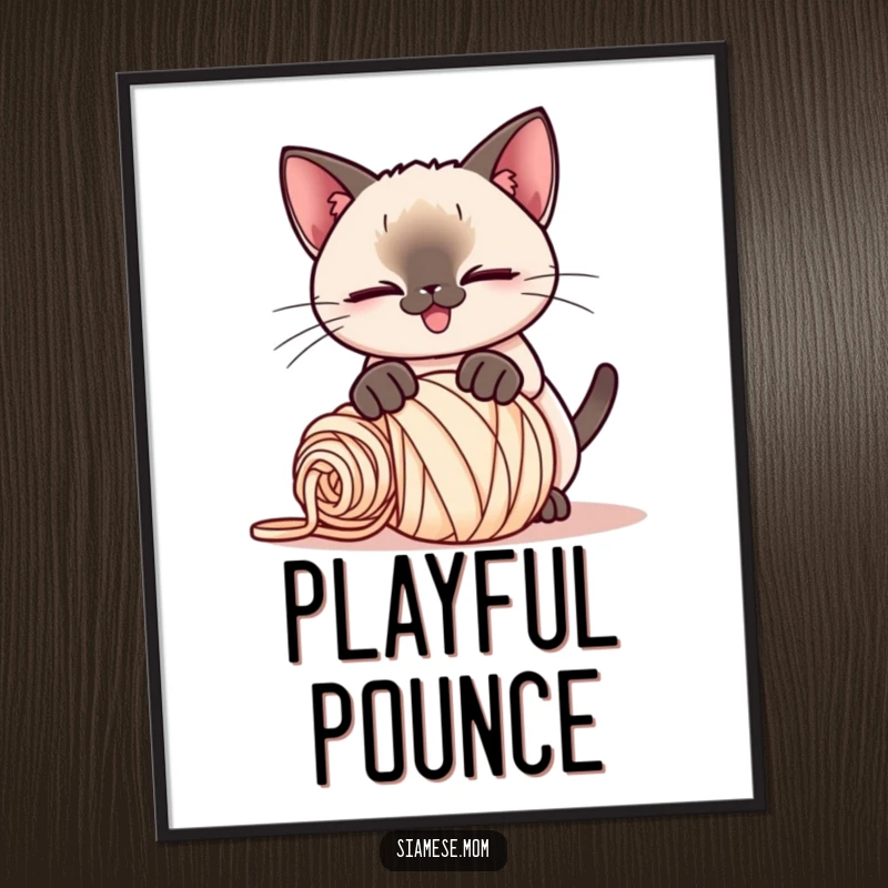 Funny Kawaii Siamese cat poster, playful smirk, pouncing on a rolled-up ball of yarn, a humorous and captivating feline artwork.