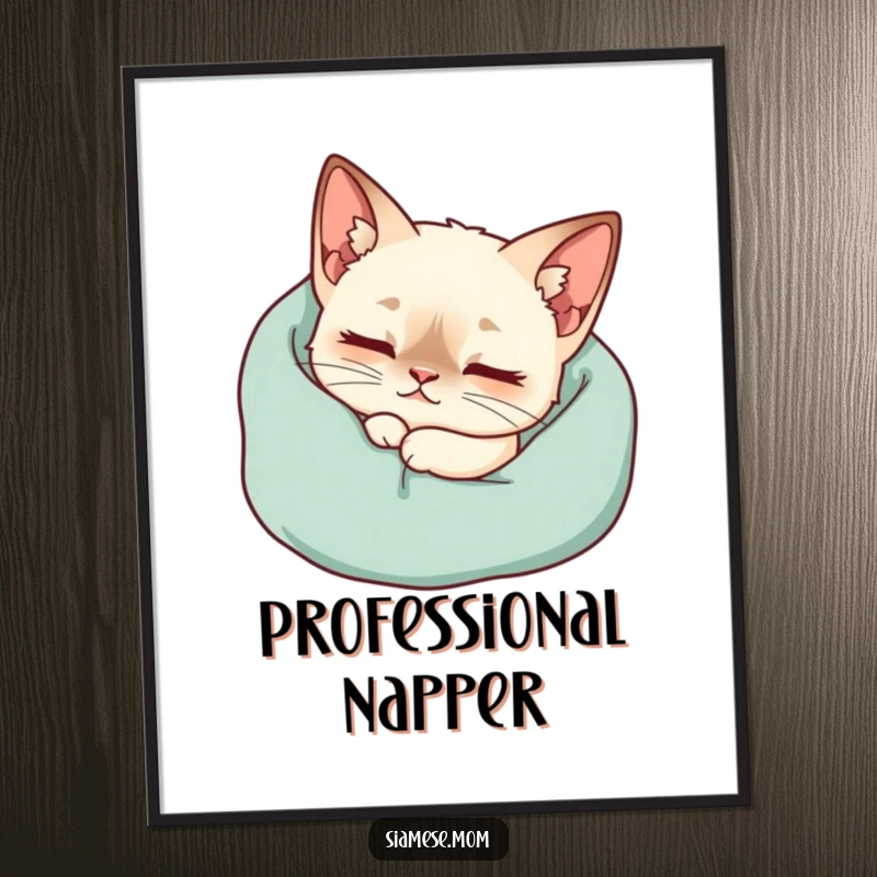 Funny Kawaii Siamese Cat Poster Purring Contentedly Nestled Cozy Blanket, Humorous Cozy Decor