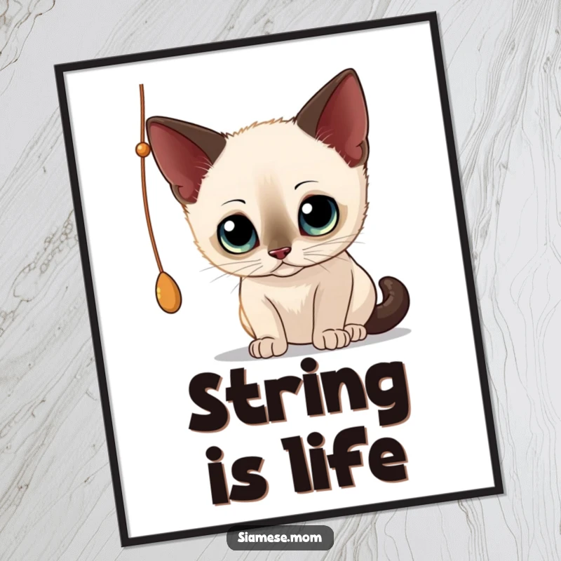 Funny Siamese Cat Poster: Artistic depiction of a curious cat captivated by a dangling string, bringing humor to wall art.