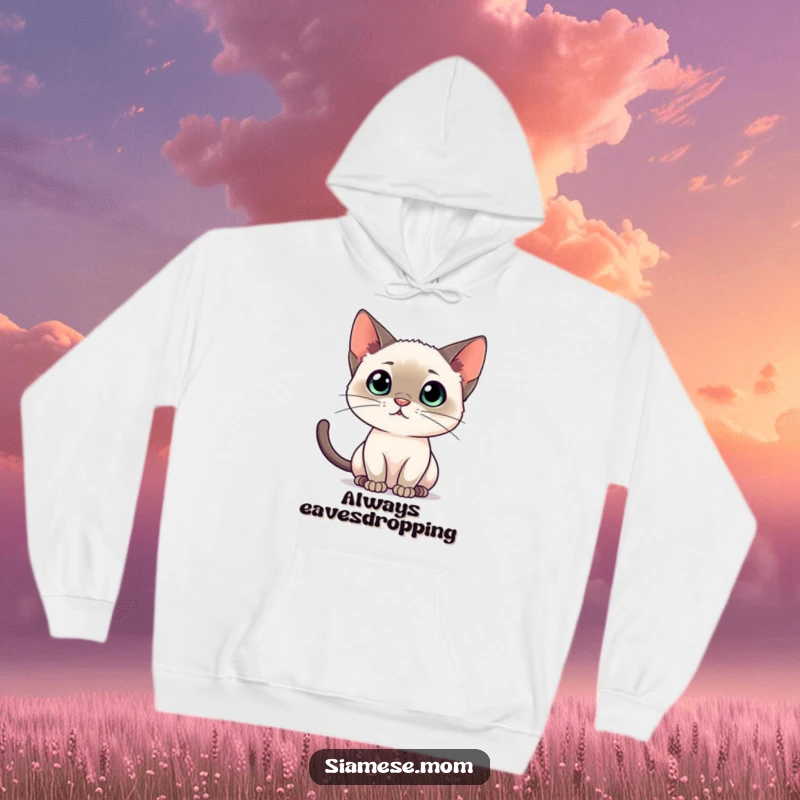 Funny Siamese cat hoodie, showing a cat intently listening, combining comfort with alertness.