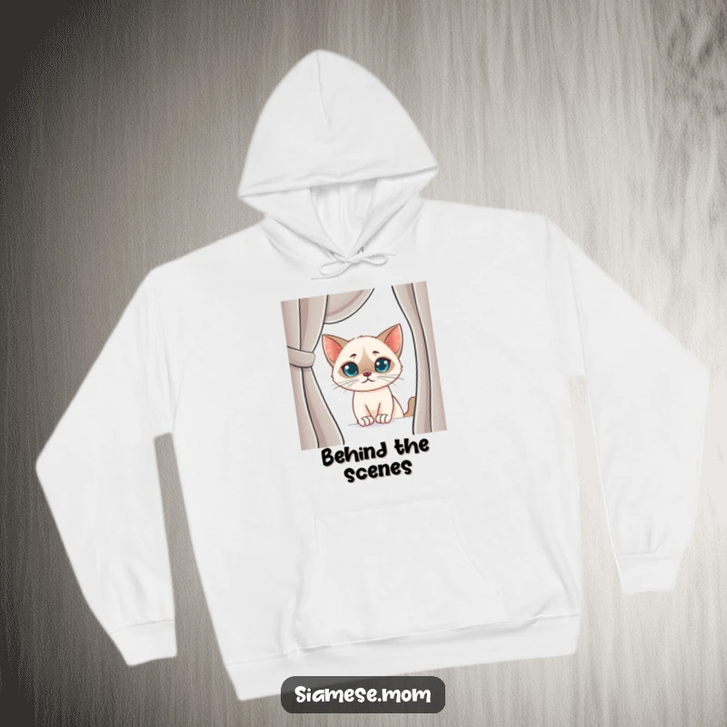 Funny Siamese Cat Hoodie: Cute kawaii cat with a mischievous smirk peeking from behind a curtain, offering warmth and humor.