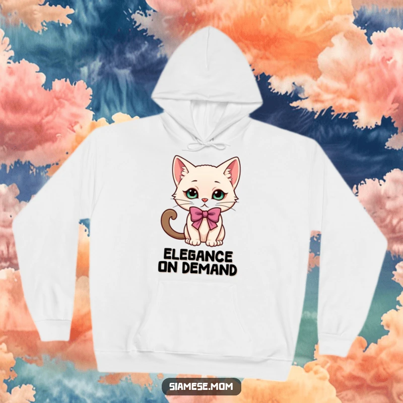 Funny kawaii Siamese cat character in an elegant, playful bow, featured on a soft and comfortable hoodie.