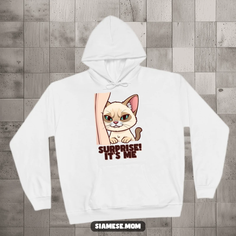 Funny Siamese Cat Hoodie: Soft hoodie with a mischievous cat peeking from behind a curtain, showcasing a sly grin.