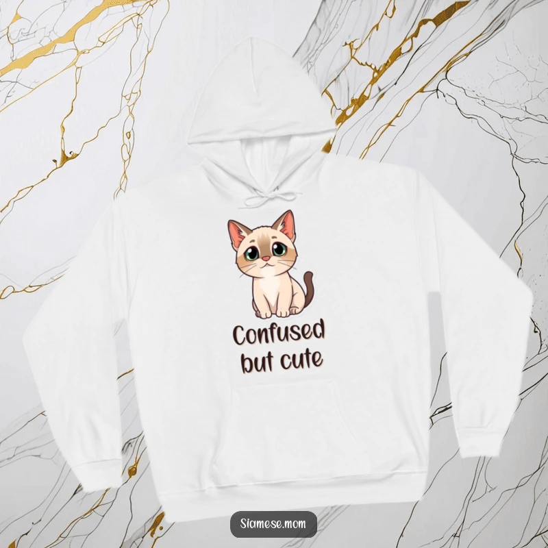 Funny hoodie featuring a kawaii Siamese cat with a questioning tilt of its head, looking adorably perplexed.