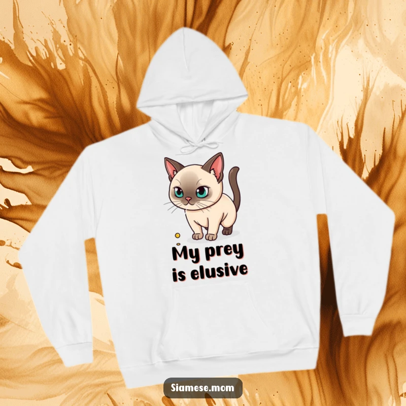 Funny hoodie featuring a kawaii Siamese cat with unwavering focus on a laser dot, ready for action.