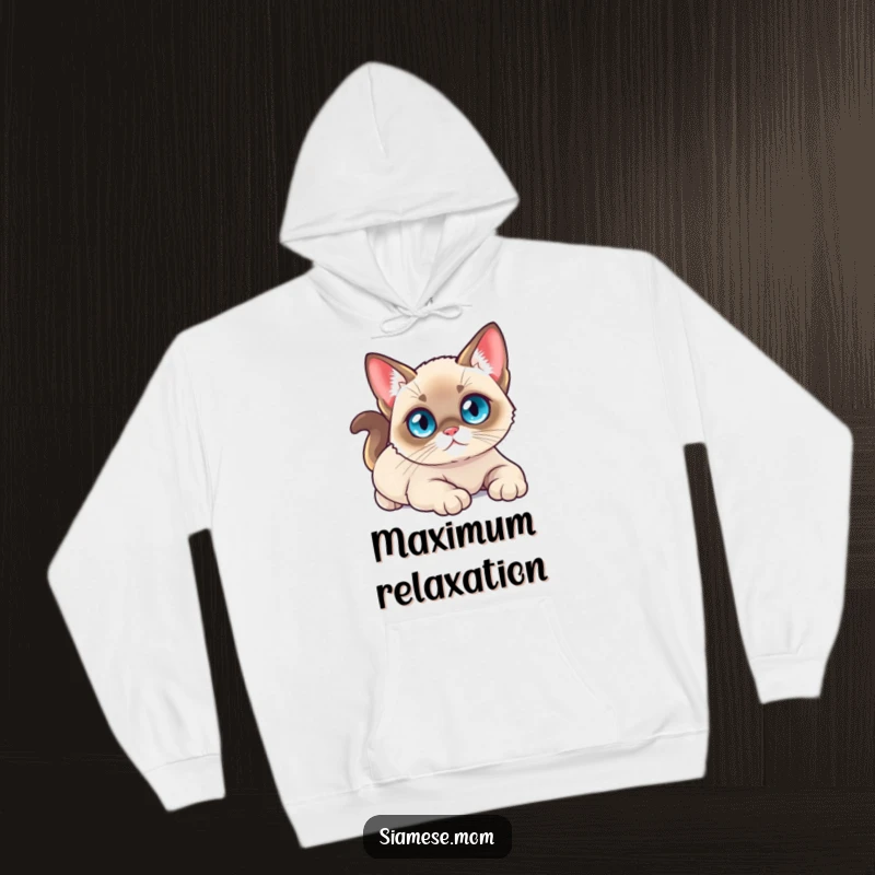 Funny hoodie with a small kawaii Siamese cat with bright blue eyes, stretching luxuriously for ultimate comfort.