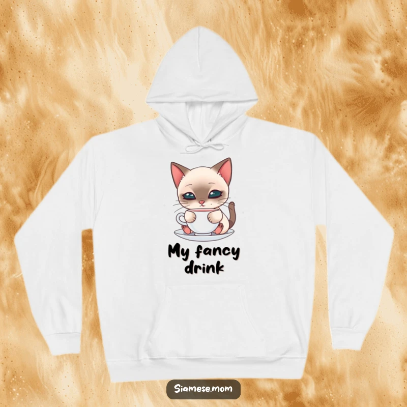 Cozy hoodie with a kawaii Siamese cat delicately sipping from a saucer, perfect for ultimate feline-themed comfort.