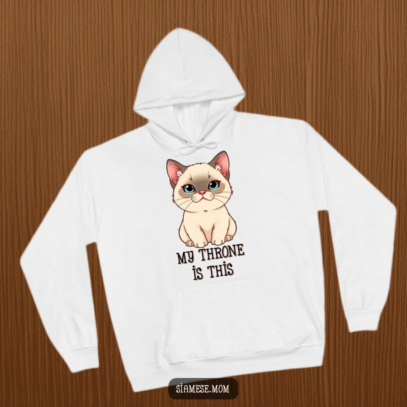 Funny Kawaii Siamese cat hoodie of a pampered cat with a smug expression, offering cozy regal humor.