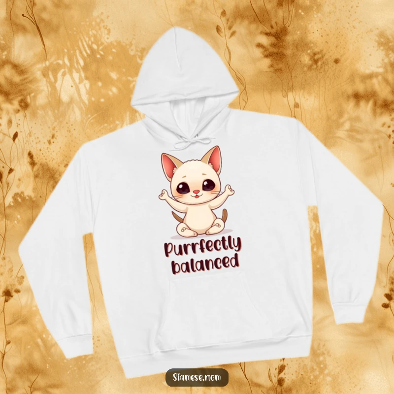 Funny Hoodie showcasing a kawaii Siamese cat in a calm yoga pose, radiating peace and happiness, perfect for cozy relaxation.