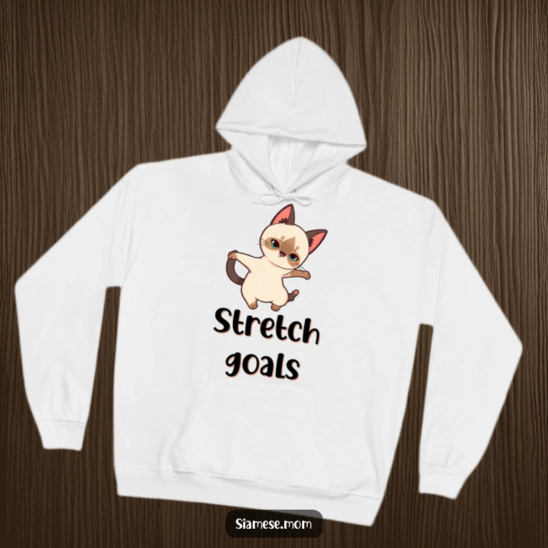 Funny Siamese Cat Hoodie: Cute kawaii cat in a serene, elegant stretch, designed for ultimate comfort and playful style.
