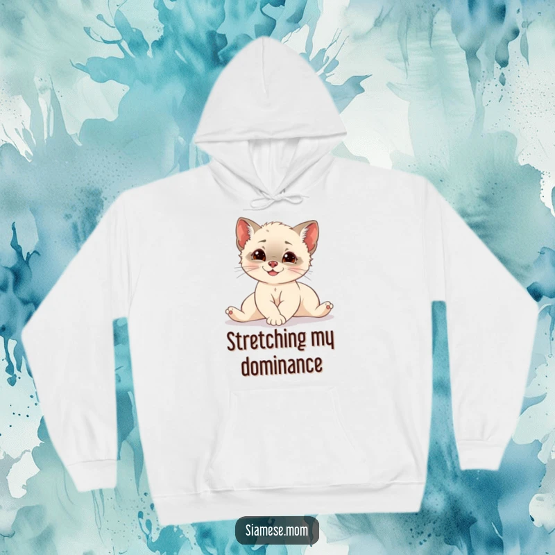 Funny Siamese cub stretching with elegance and a hint of mischief, a cozy and humorous hoodie perfect for cat lovers.