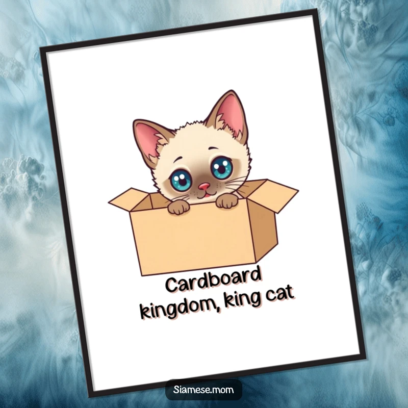 Funny Free Printable Wall Art: Cute kawaii Siamese cat with big eyes curiously investigating a cardboard box.