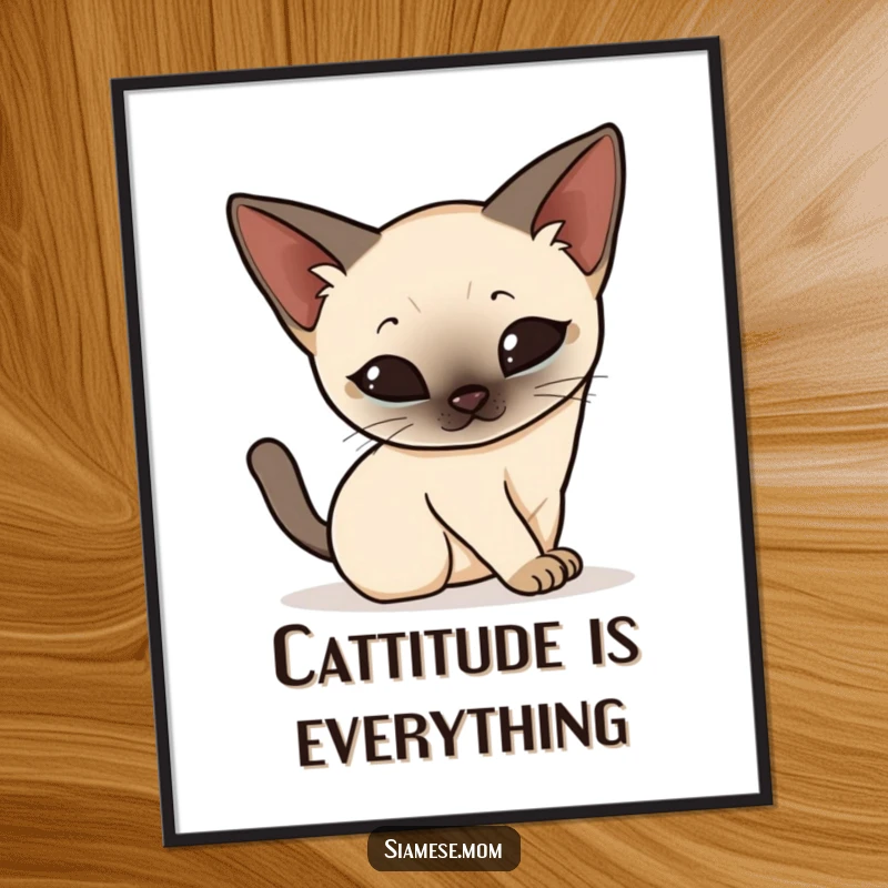 Funny Free Printable Wall Art: Kawaii Siamese cat arching its back in an elegant, graceful stretch, bringing peaceful vibes.