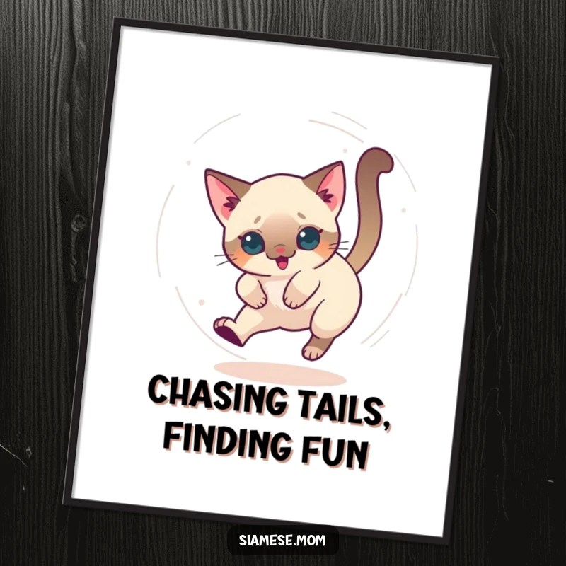 Funny Free Printable Wall Art: A Kawaii Siamese cat chasing its tail in a dizzying circle, adding playful charm.