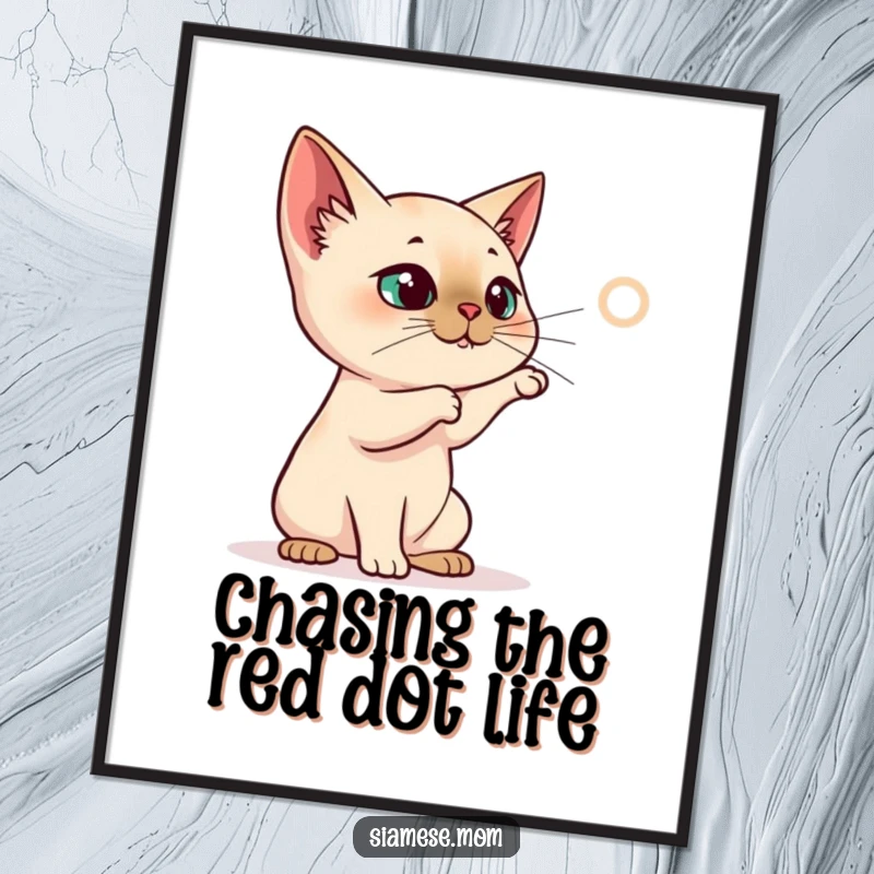 Funny Free Printable Wall Art: A Siamese cat character animatedly batting at a bright projected laser dot, capturing playful energy.