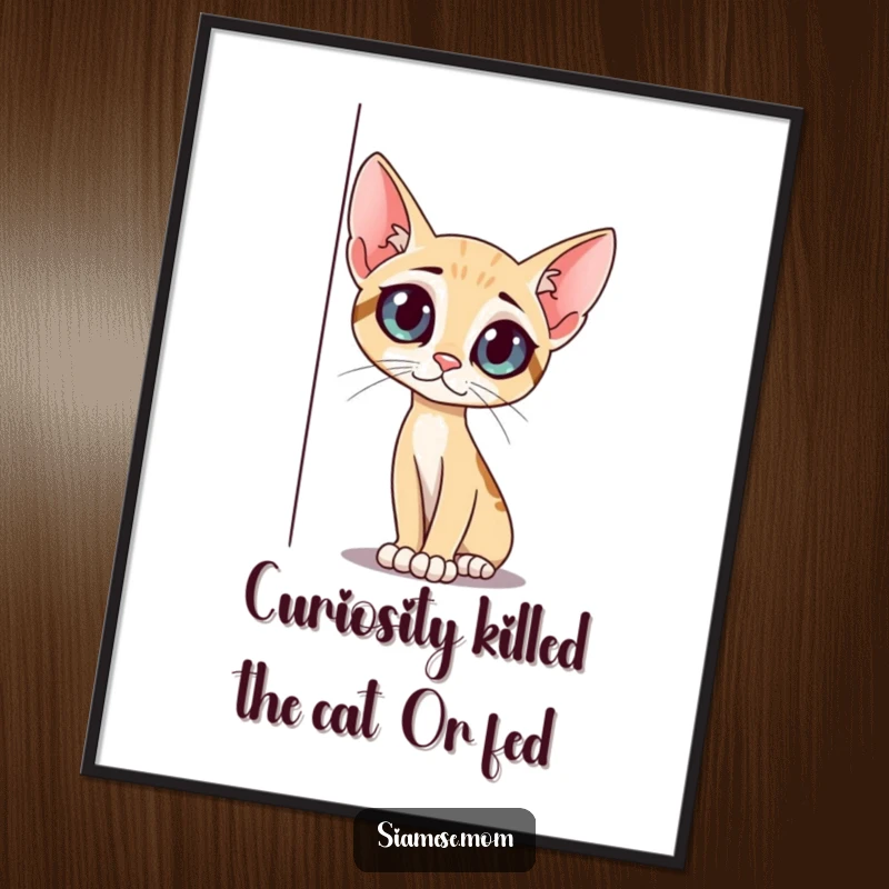 Funny Free Printable Wall Art: A slender cat with large, curious eyes peeking around an unseen corner, full of intrigue.