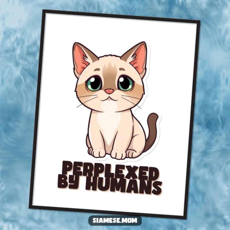 Funny Free Printable Kawaii Siamese Cat Wall Art with a questioning head tilt, deep in thought, a downloadable piece of wonder.