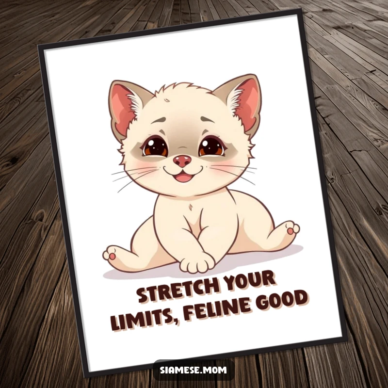 Funny Free Printable Siamese cub wall art, stretching with elegant grace and a hint of mischief, making a statement.