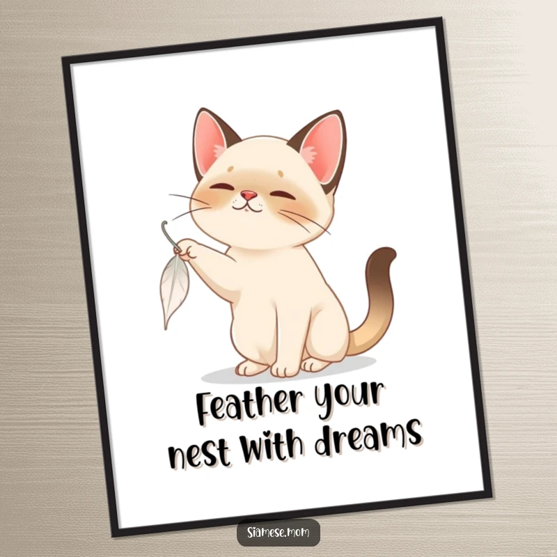 Funny Free Printable Wall Art: A delightful Siamese cat is captured mid-bat, playfully chasing a slowly falling feather.