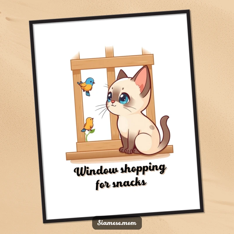 Funny Free Printable Wall Art: Kawaii Siamese cat peering intently at a bird outside a window, captivating scene.