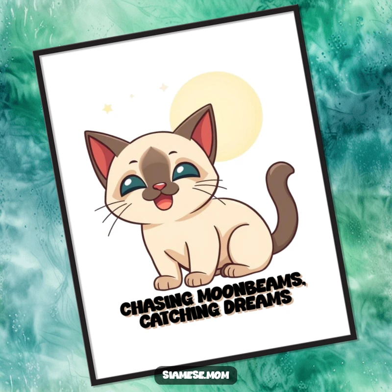 Funny Free Printable Wall Art: a stylized, happy Siamese cat playfully batting at gentle, glowing moonbeams.