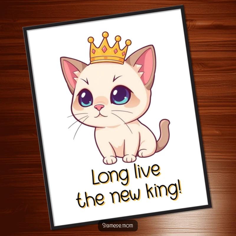 Funny Free Printable Wall Art: A Siamese cat sits majestically wearing a tiny golden crown, exuding regal and humorous vibes.