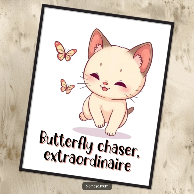 Funny Free Printable Wall Art: A Siamese cat in mid-leap, playfully chasing a tiny, sparkling butterfly.
