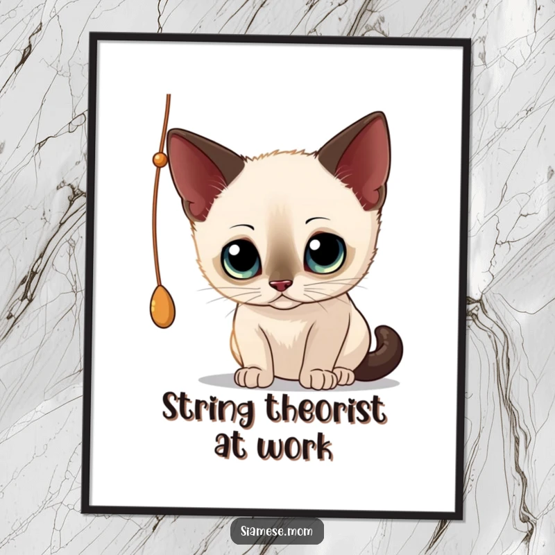 Funny Free Printable Wall Art: A curious Siamese cat with captivating wide eyes, batting playfully at a dangling string.