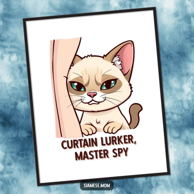 Funny Free Printable Wall Art: A Siamese cat with a sly grin, its face peeking from behind a curtain.