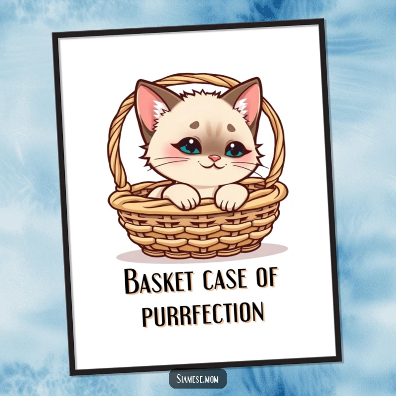 Funny Free Printable Wall Art: A kawaii Siamese cat with a mischievous smirk peeking from a basket, adding a playful touch.