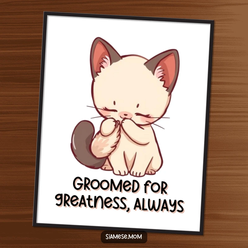 Funny Free Printable wall art: A kawaii Siamese kitten is captured mid-groom, tending to its impressively fluffy tail with serene focus.