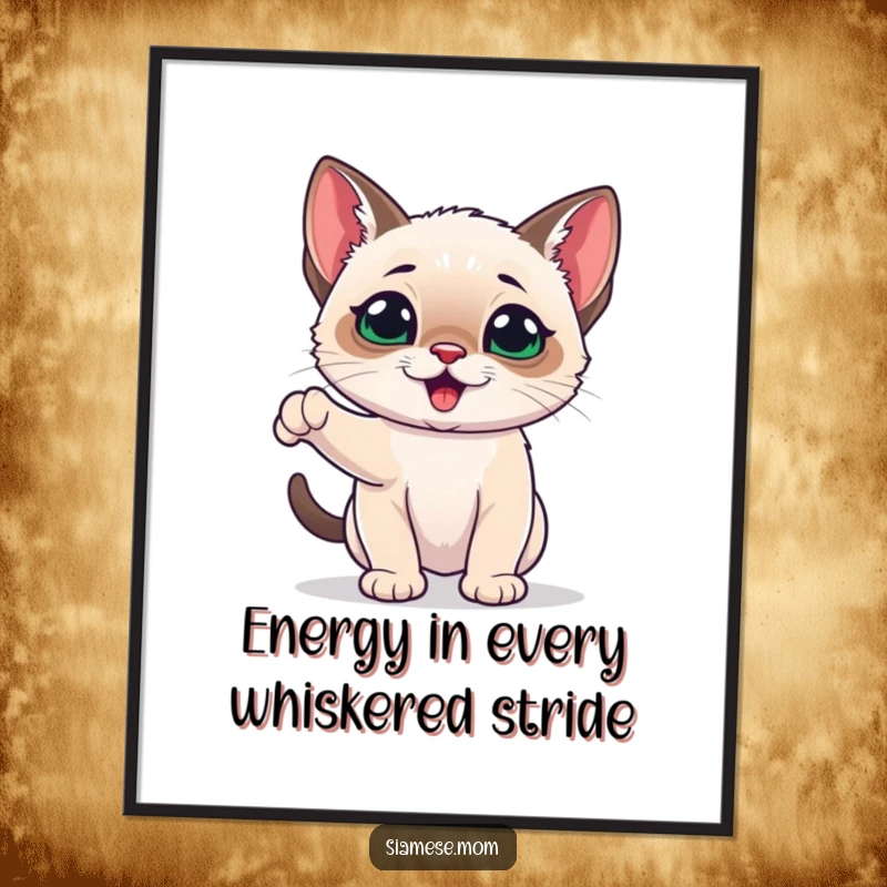 Funny Free Printable wall art: A kawaii Siamese kitten radiating playful energy bounces with excitement, bringing fun to your decor.