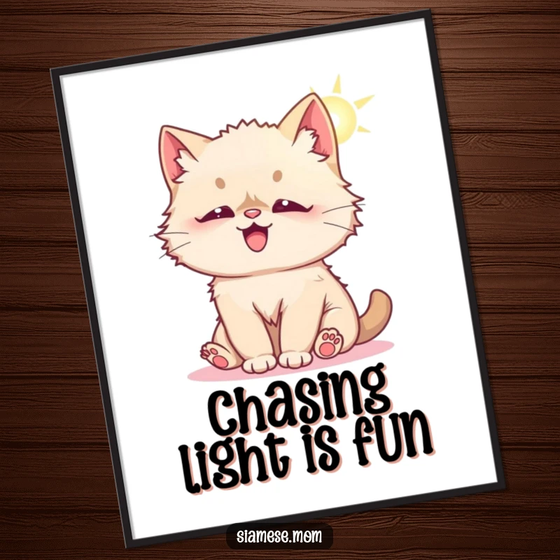 Funny Free Printable Wall Art: A fluffy Kawaii Siamese cat playfully bats at a sunbeam, creating a joyful and lighthearted scene.